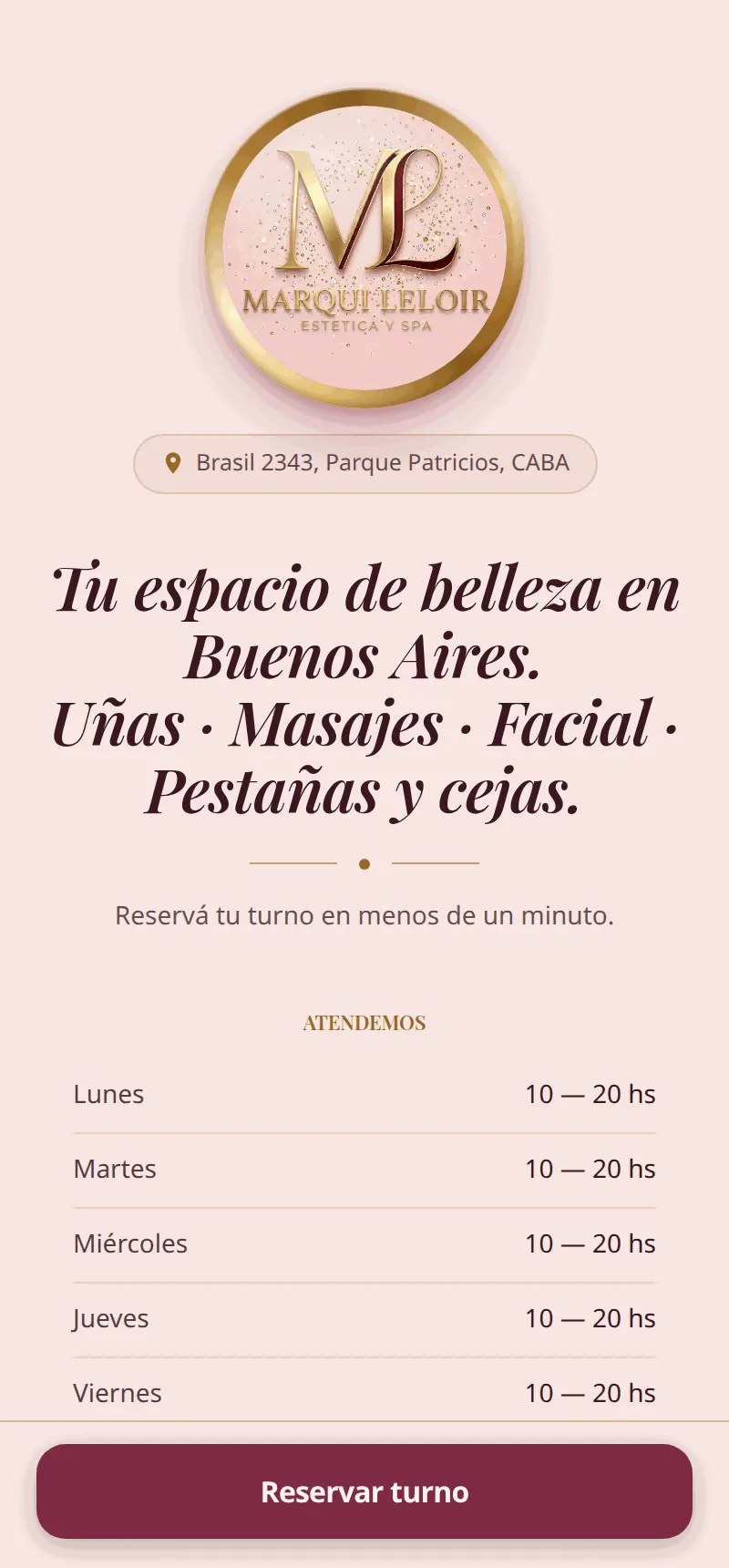 La página del centro de estética